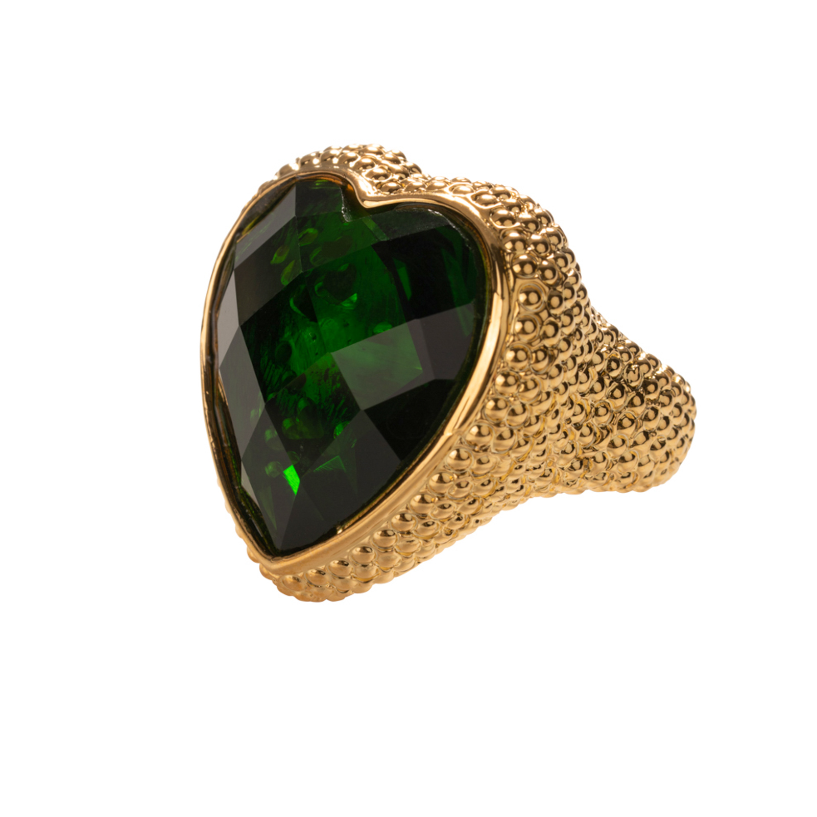 Anello in bronzo placcato in oro 18 kt con pietra cristallo a forma di cuore color smeraldo