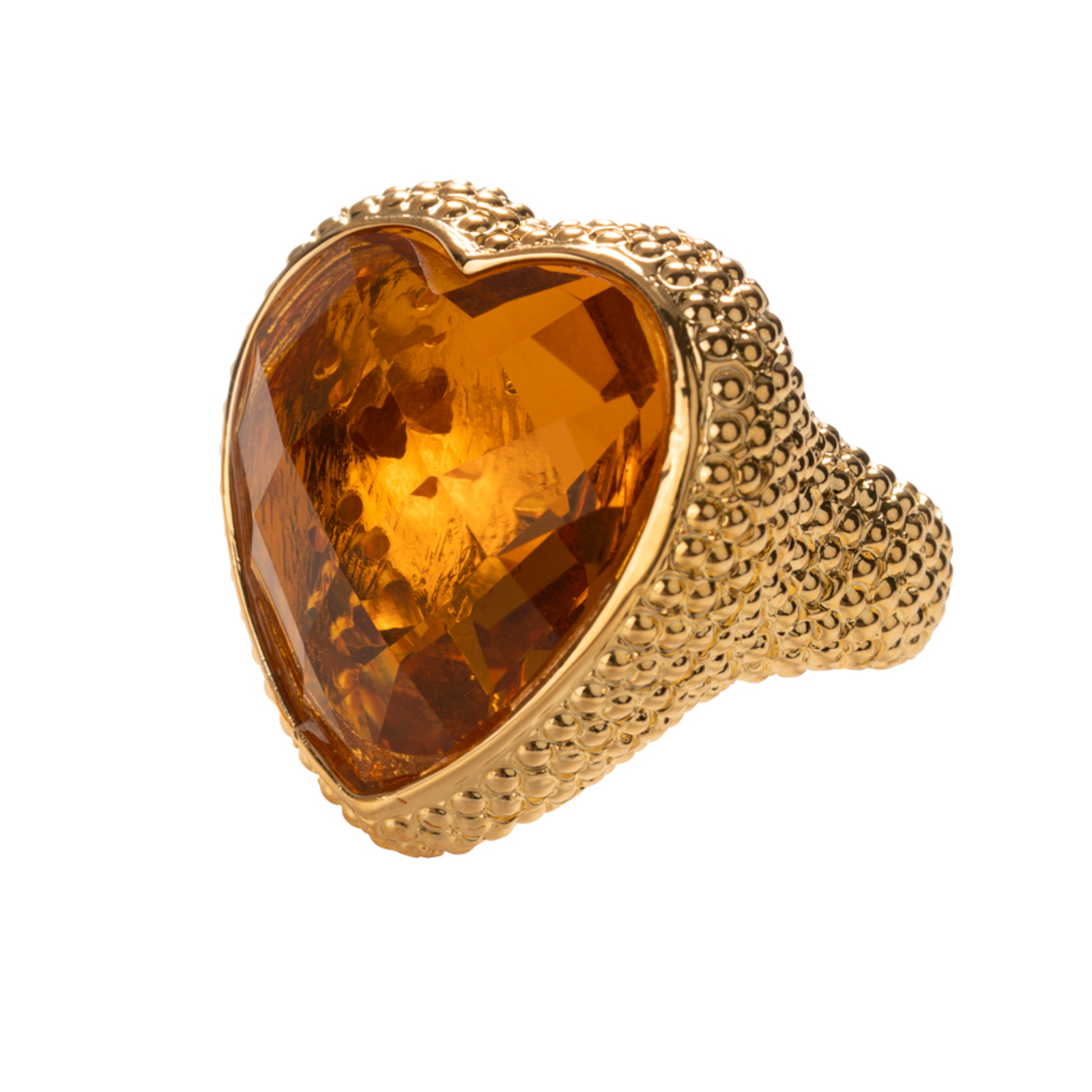 Anello in bronzo placcato in oro 18 kt con pietra cristallo a forma di cuore color topazio