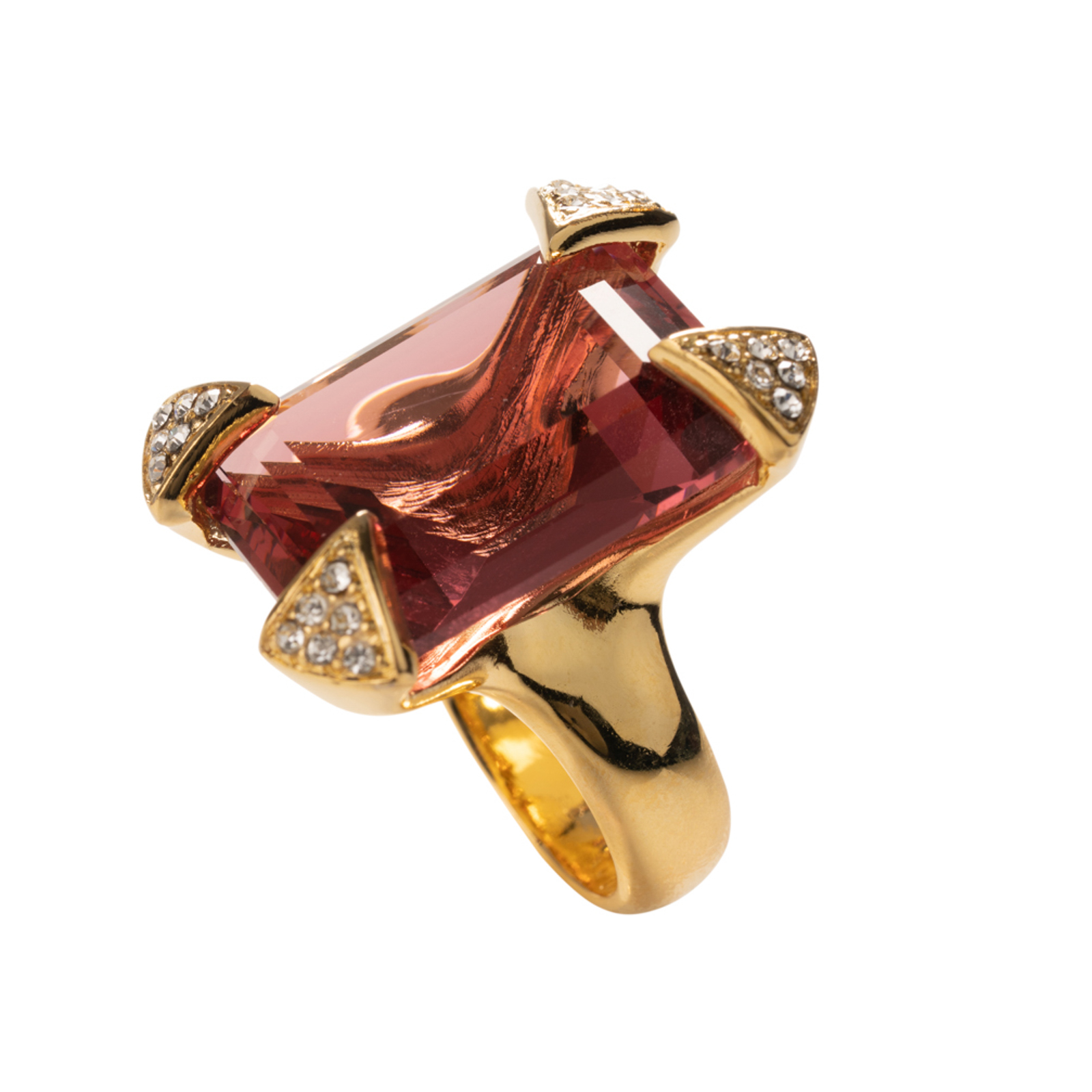 Anello in bronzo placcato in oro 18 kt con angoli rifiniti con Swarovski e pietra cristallo color zaffiro rosa