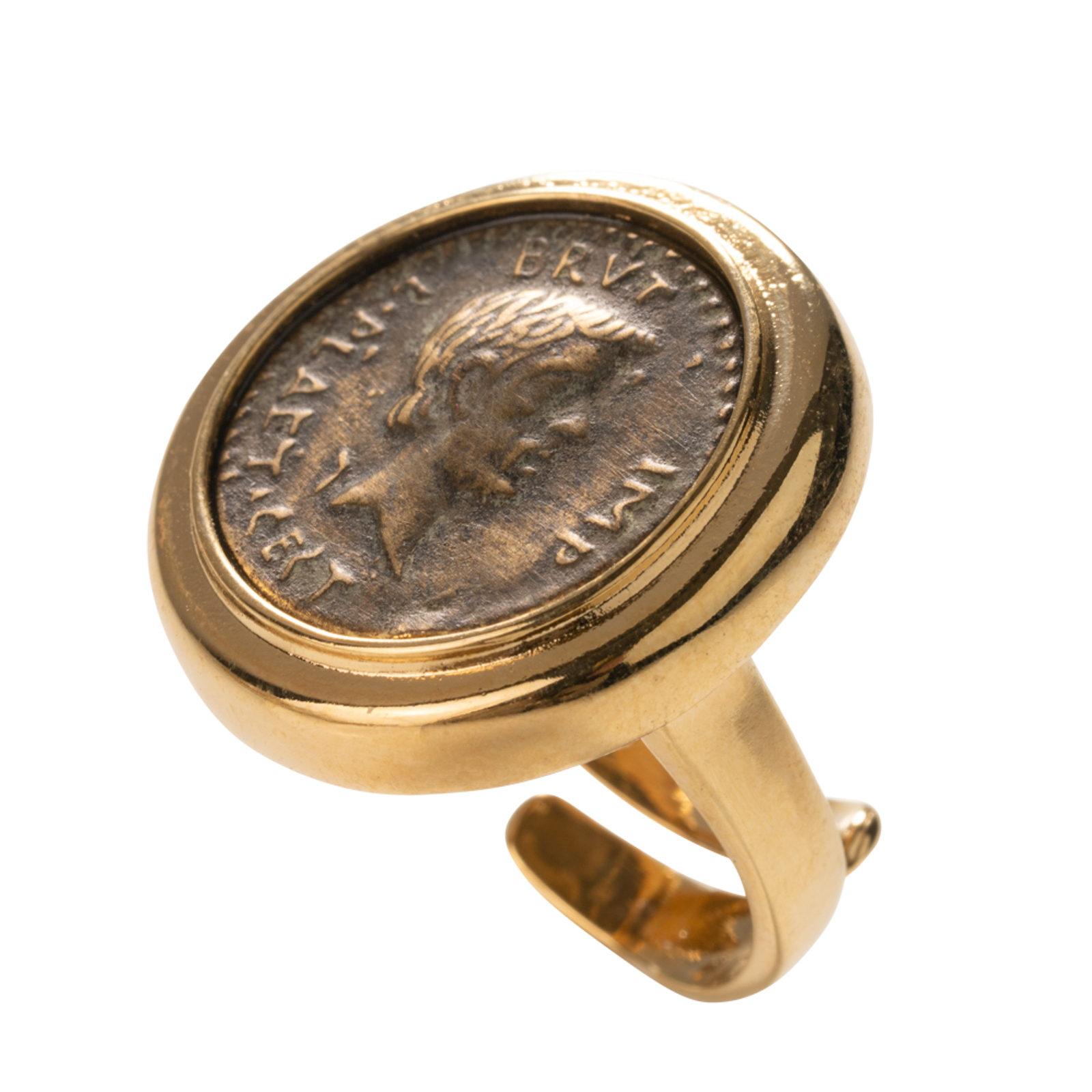 Anello in bronzo con moneta anticata cornice liscia placcato in oro 18 kt