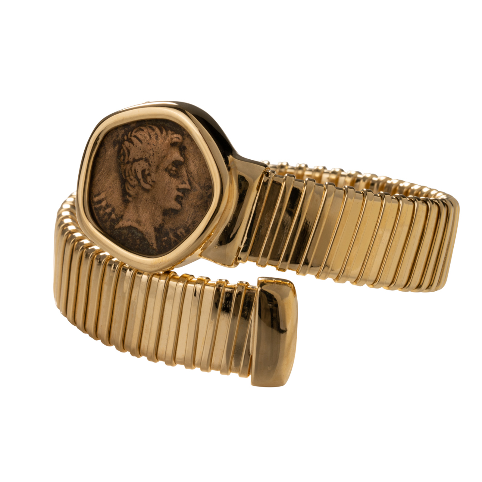 Bracciale un giro in maglia tubogas in bronzo con moneta anticata