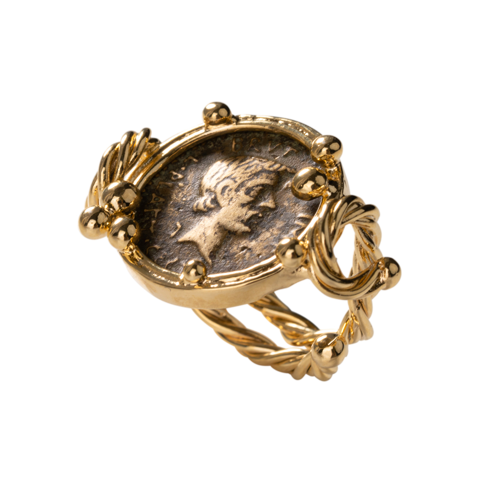 Anello in bronzo con moneta con cornice lavorata