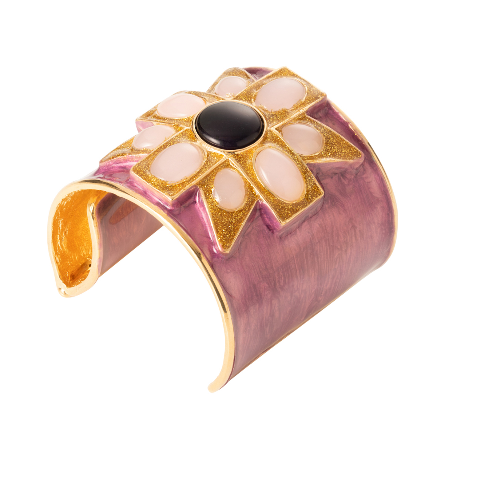 Bracciale manette con croce di malta rifinita con pietre cristallo color viola madreperla