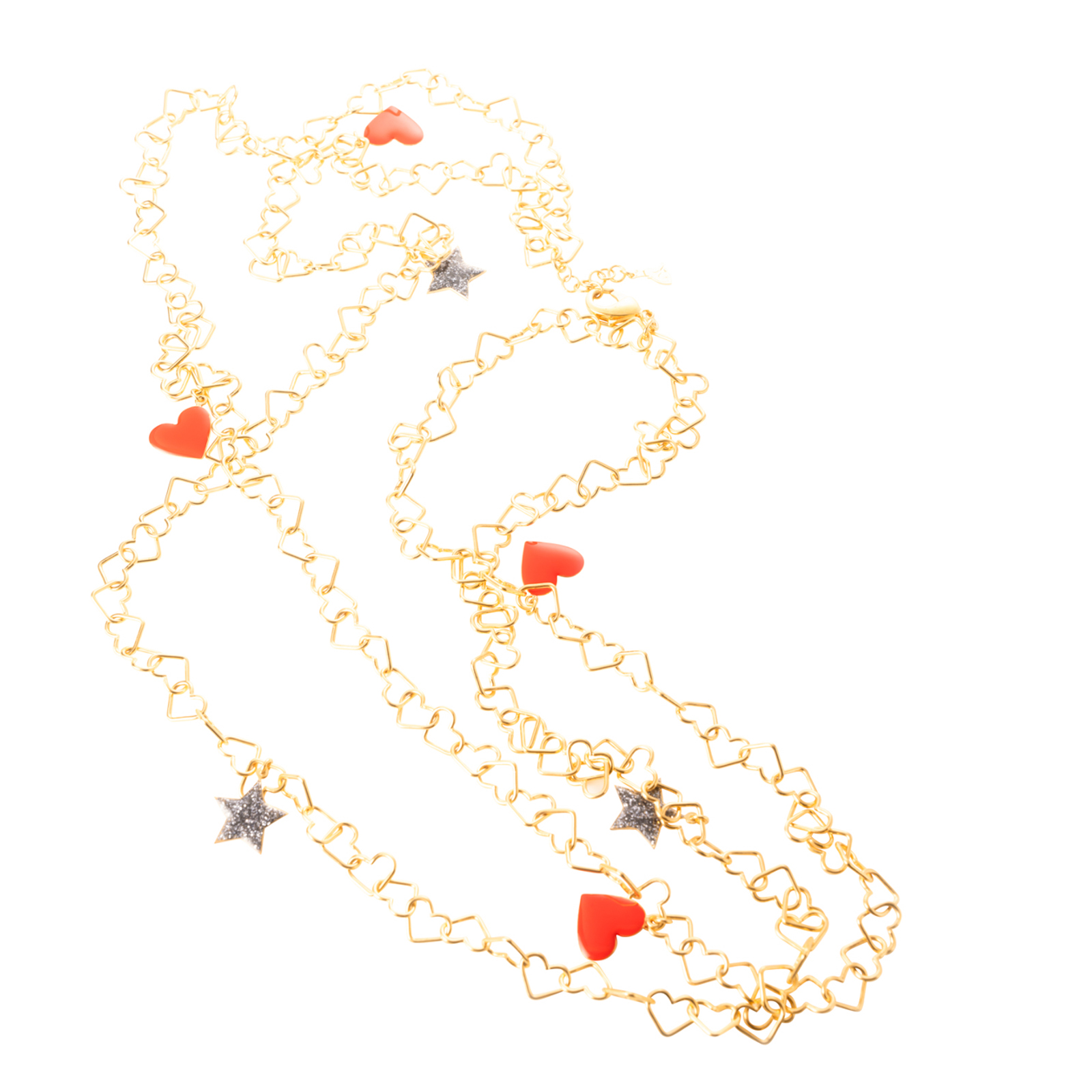 Collana con catena a forma di cuore rosso e grigio glitter