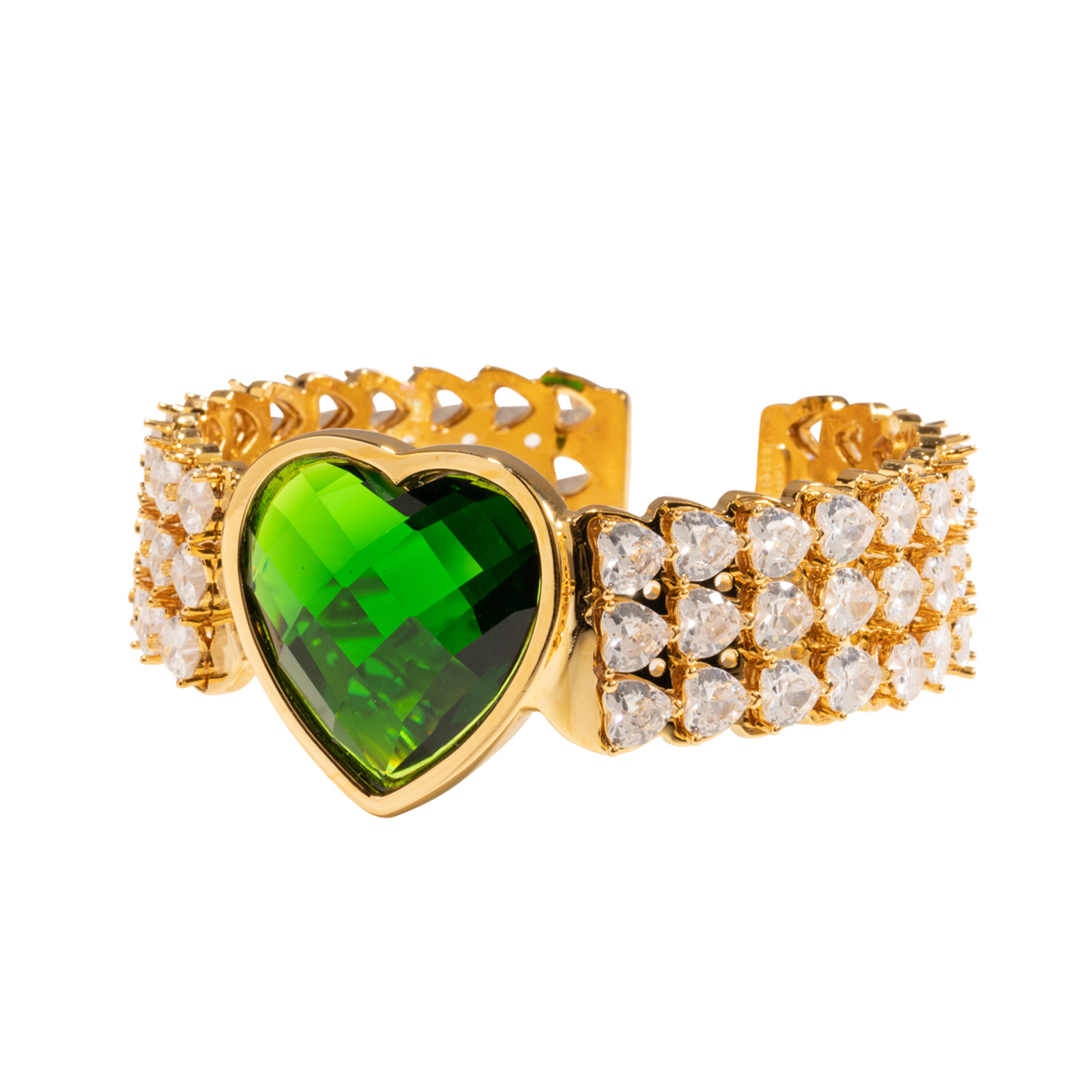 Bracciale in bronzo con pietra centrale di cristallo a forma di cuore color smeraldo