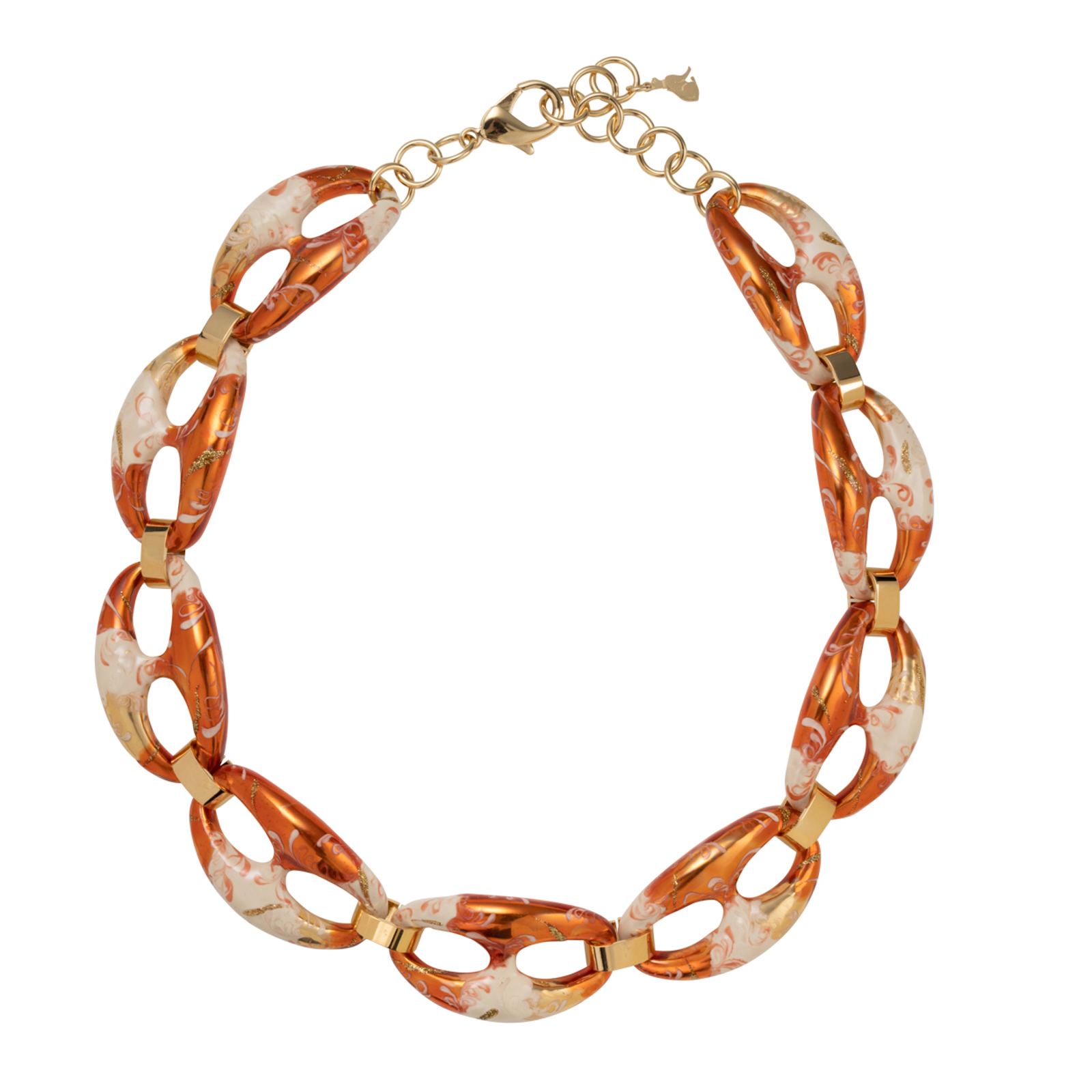 Collana in bronzo con maglia marina color arancio, bianco e sfumature glitter