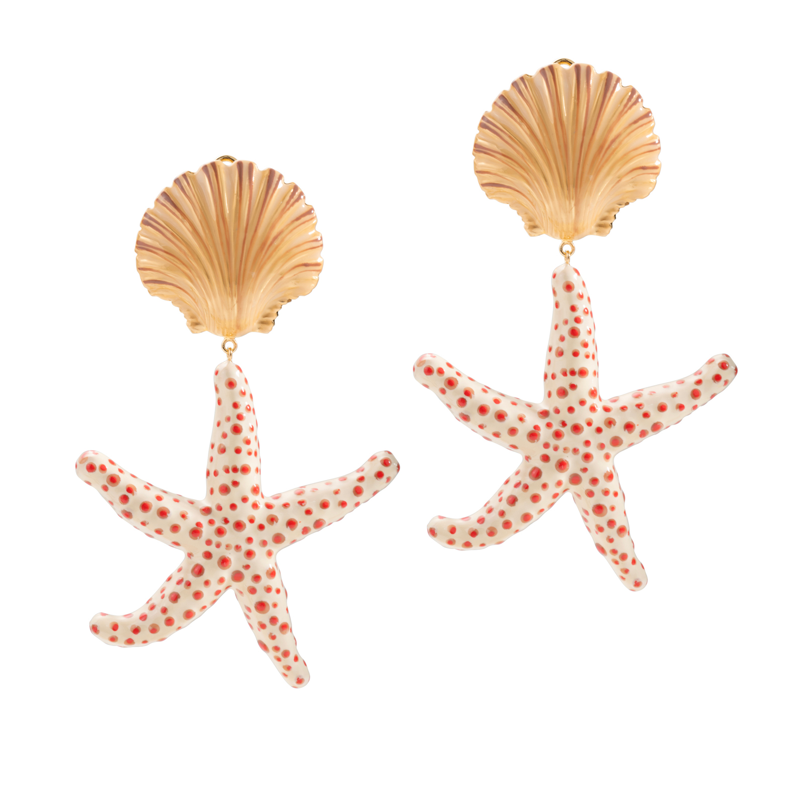 Orecchini con conchiglia e stella marina color sabbia sfumata, bianco e corallo