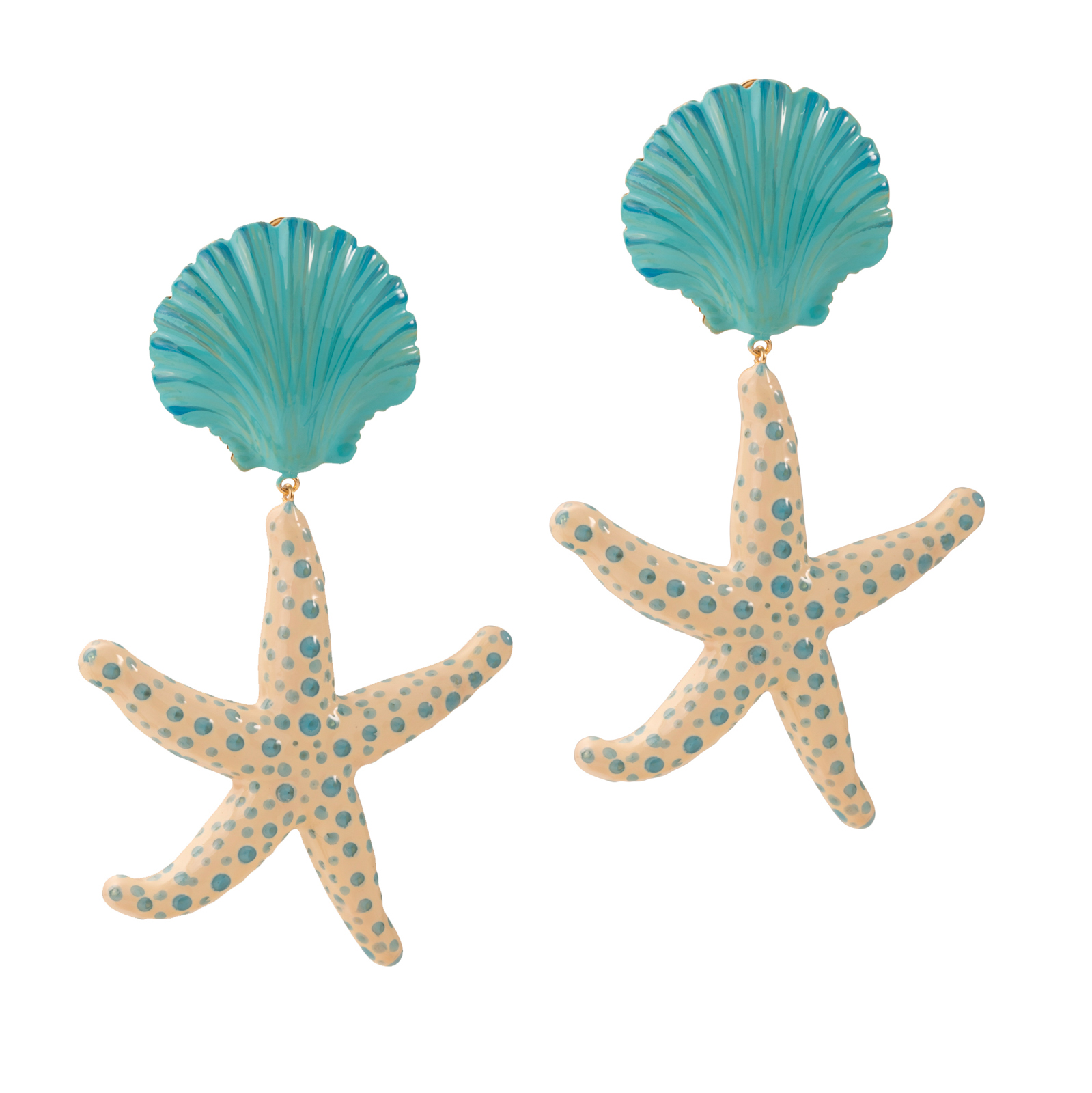 Orecchini con conchiglia e stella marina color turchese sfumato e bianco