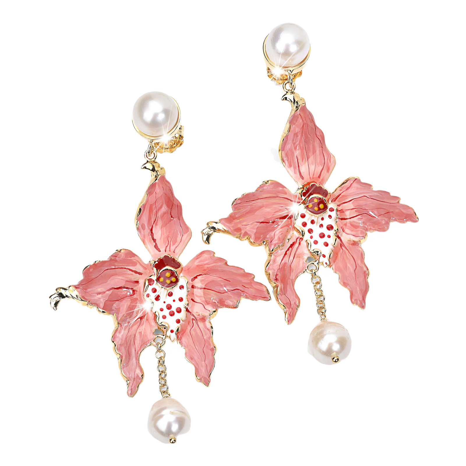 Orecchini orchidea con al lobo e pendente perle barocche color rosa salmone sfumature rosso e bianco