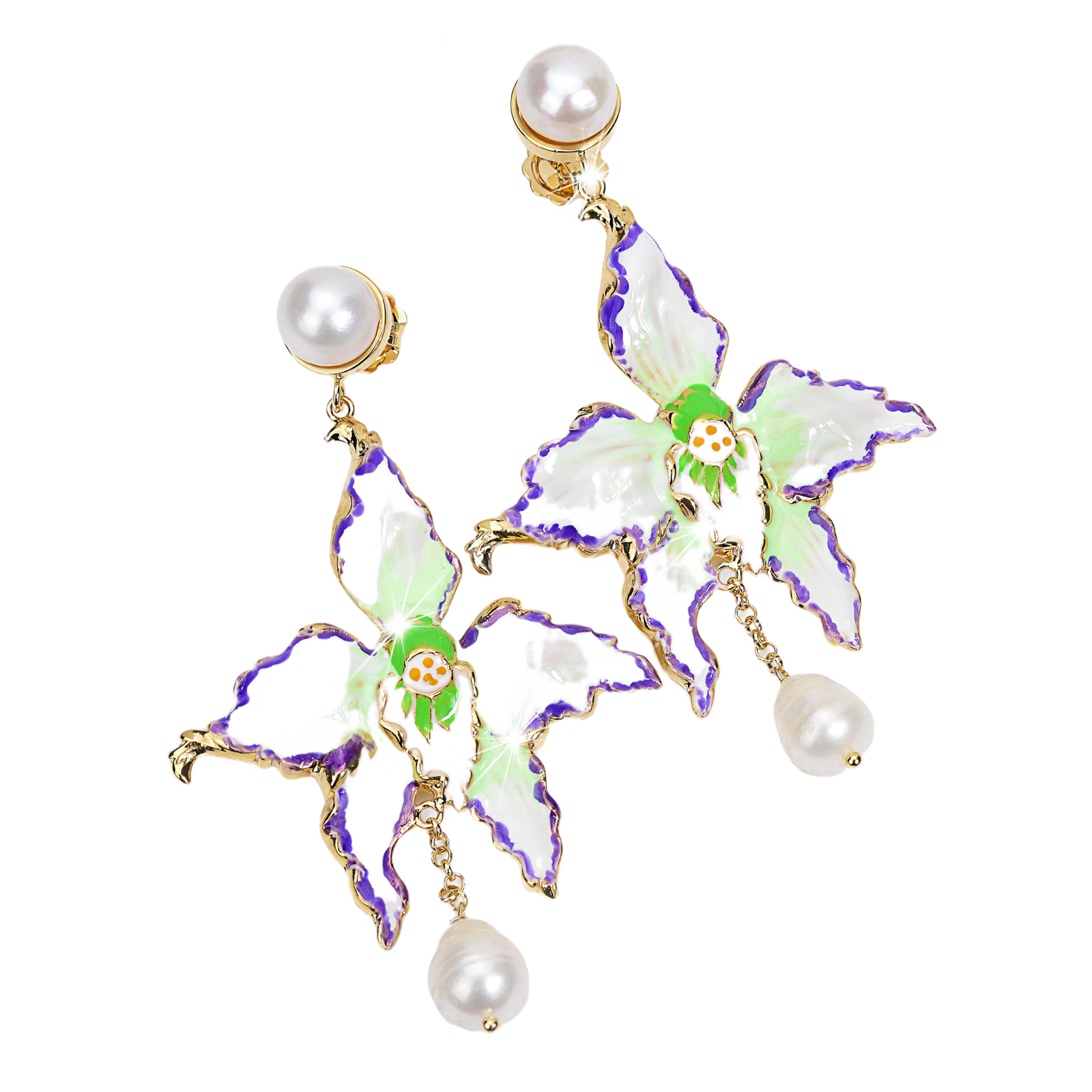 Orecchini orchidea con al lobo e pendente perle barocche naturali bianco sfumature viola nel conto e verde