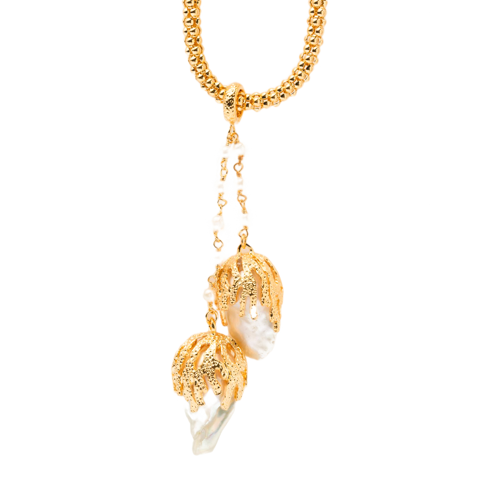Collana con 2 pendenti di perla scaramazza naturale placcata in oro 18Kt