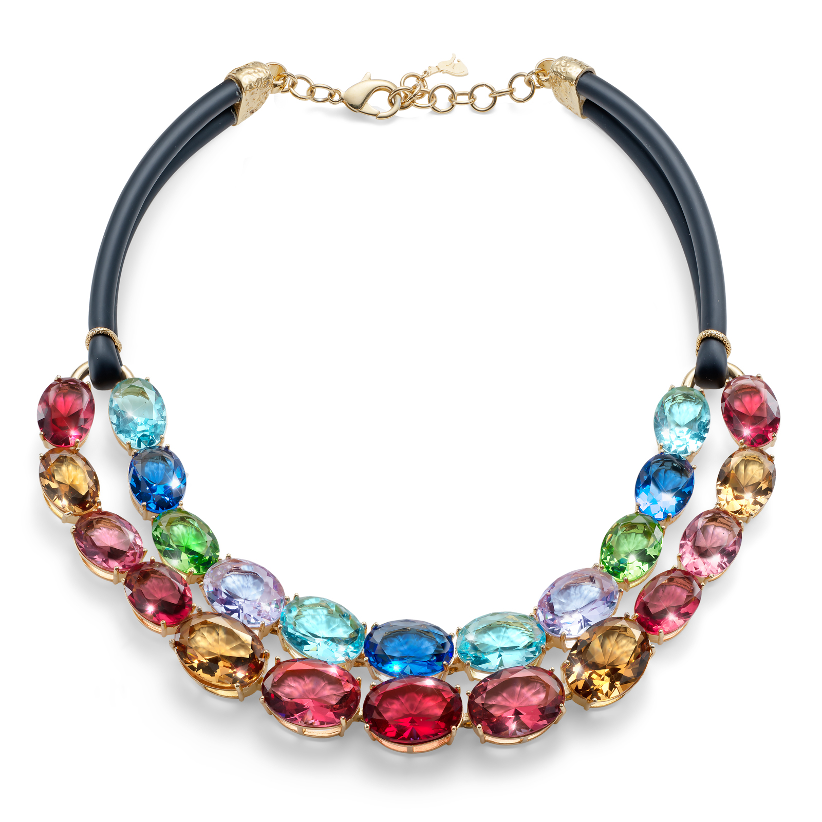 Collana caucciù con pietre colorate placcata in oro 18kt